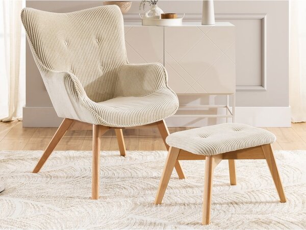 Poltrona con poggiapiedi beige con rivestimento in velluto a coste Niko – Ropez