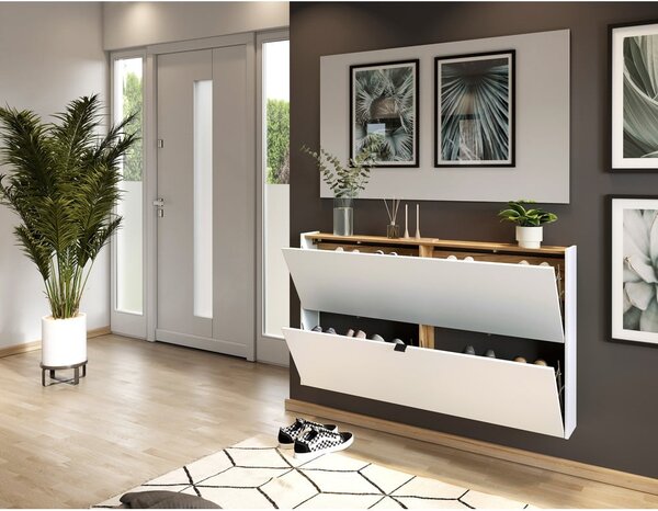 Scarpiera bianca effetto rovere con ante ribaltabili e da parete 140x83x18 cm Ameca – Germania