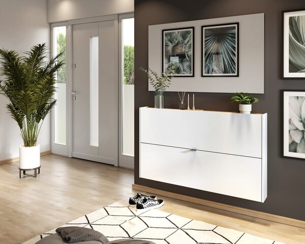 Scarpiera bianca effetto rovere con ante ribaltabili e da parete 140x83x18 cm Ameca – Germania