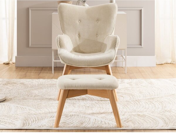 Poltrona con poggiapiedi beige con rivestimento in velluto a coste Niko – Ropez