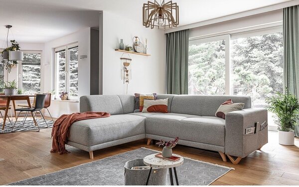 Divano angolare grigio chiaro allungabile e con contenitore (penisola a sinistra/a L) Classy Sophie – Miuform