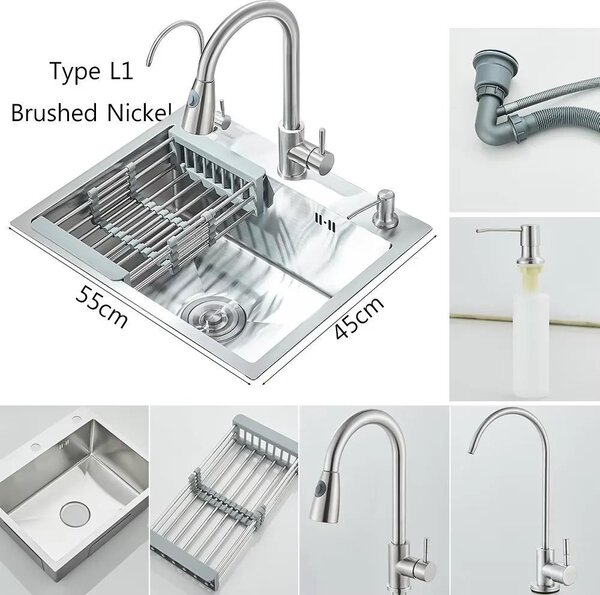 Miscelatore per lavello da cucina – Miscelatore estraibile – Acciaio inossidabile 304 – Miscelatore monocomando – Acqua calda e fredda – Installazione su piano di lavoro con 3 fori – Finitura in nichel spazzolato