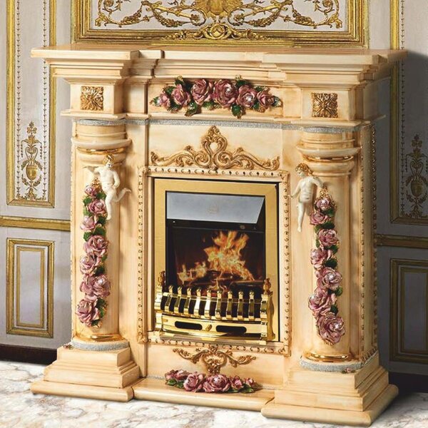 Camino elettrico in Vetroceramica "Casa Padrino" in stile barocco con illuminazione LED, color beige/multicolore/oro, altezza 135 cm - Prodotto in Italia