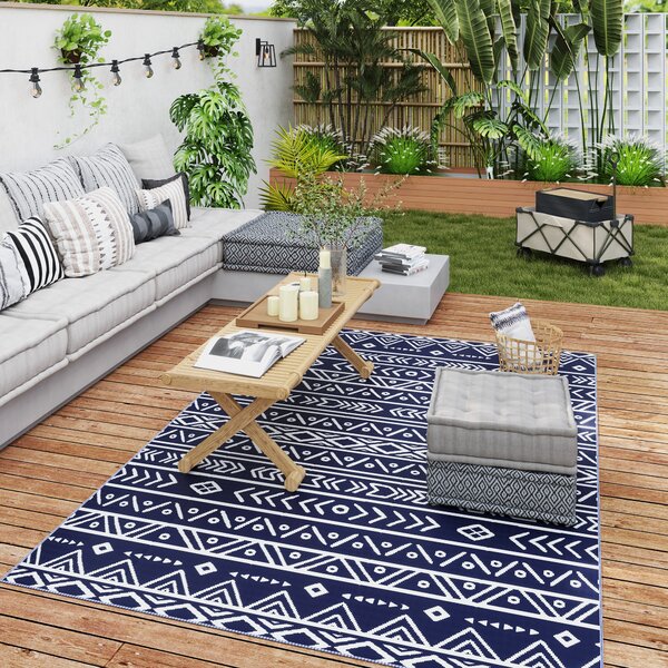Outsunny Tappeto da Esterno Reversibile Stile Geometrico con Borsa di Trasporto, 182x274 cm, Blu e Bianco
