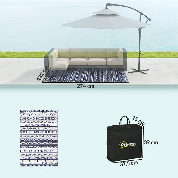 Outsunny Tappeto da Esterno Reversibile Stile Geometrico con Borsa di Trasporto, 182x274 cm, Blu e Bianco