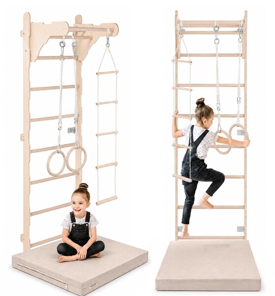 Scala da ginnastica per bambini (210 cm) | Scala da parete in legno | Struttura da arrampicata per bambini | Ruote da ginnastica | Materassino protettivo | Scala in corda | 100% ECO