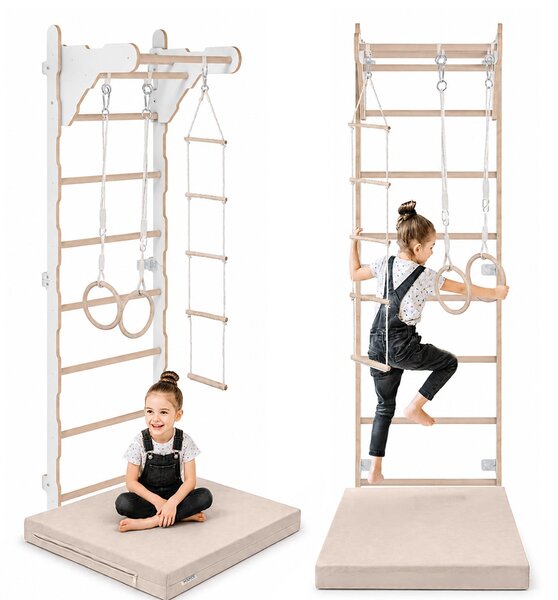 Scala da ginnastica per bambini (210 cm) | Scala da parete in legno | Struttura da arrampicata per bambini | Ruote da ginnastica | Materassino protettivo | Scala in corda | 100% ECO