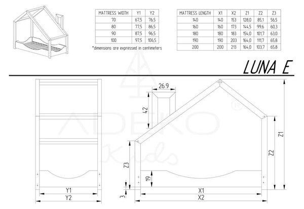 Letto da casa in legno di pino lma, 90 x 200 cm Luna E - Adeko
