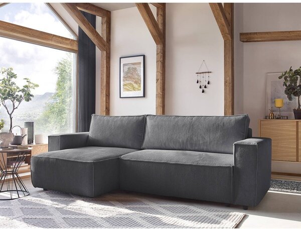 Divano letto a coste grigio scuro ad angolo variabile Nihad - Bobochic Paris