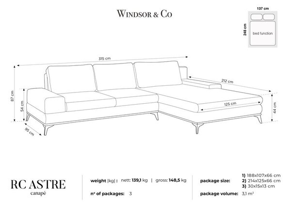 Divano letto angolare grigio chiaro, angolo destro Planet - Windsor & Co Sofas