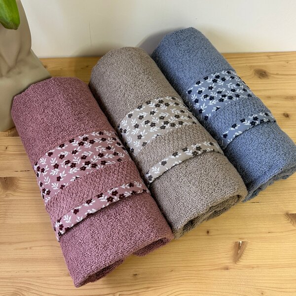 3 Asciugamani In Ciniglia Morbida Con Fiori, Colori Kaki, Rosa E Blu, 35x24 Cm, Con Passante, Super Assorbenti