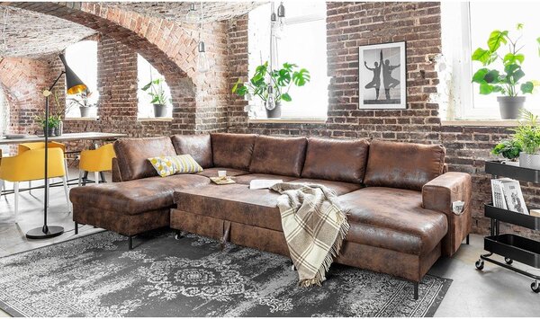 Divano letto a U marrone in similpelle Vintage, angolo sinistro Lofty Lilly - Miuform