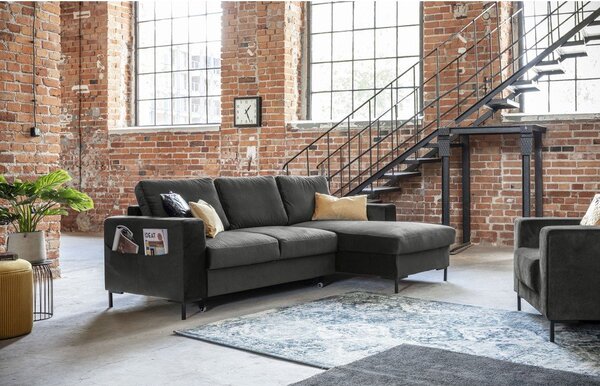Divano letto angolare in velluto grigio scuro, angolo destro Lofty Lilly - Miuform