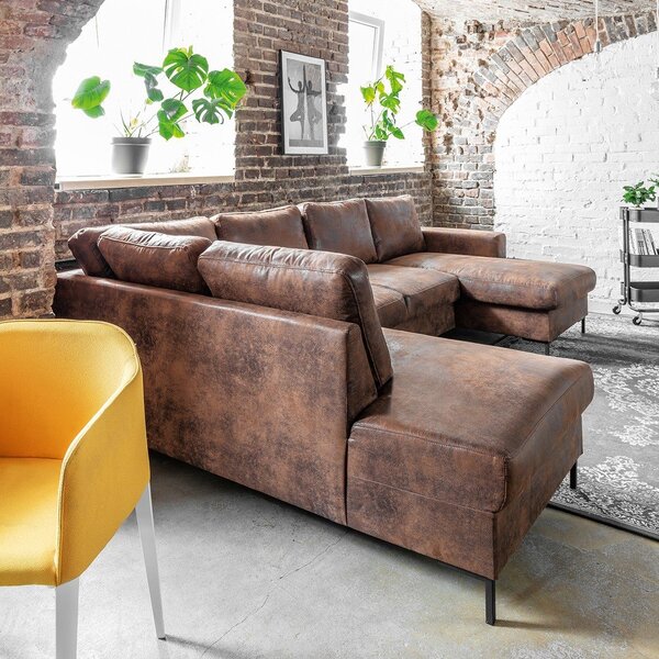 Divano letto a U marrone in similpelle Vintage, angolo sinistro Lofty Lilly - Miuform