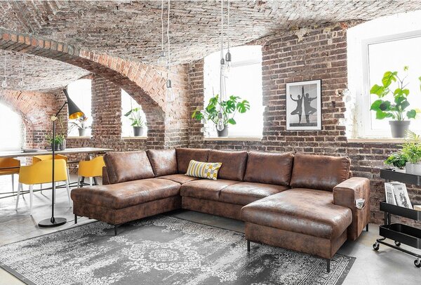 Divano letto a U marrone in similpelle Vintage, angolo sinistro Lofty Lilly - Miuform