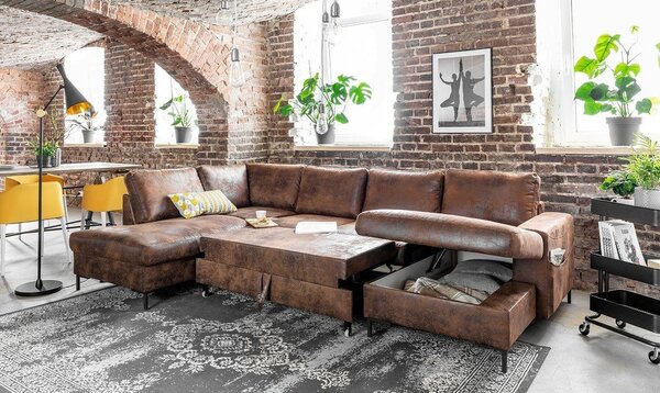 Divano letto a U marrone in similpelle Vintage, angolo sinistro Lofty Lilly - Miuform