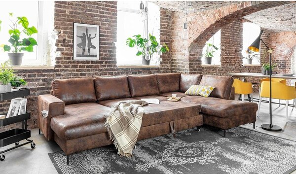 Divano letto a U marrone in similpelle Vintage, angolo destro Lofty Lilly - Miuform
