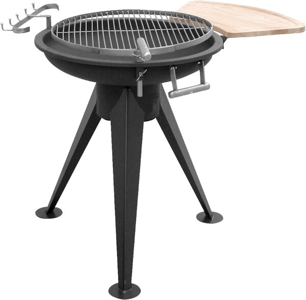 Barbecue a carbone con struttura in acciaio e piano laterale in legno Tripode Round