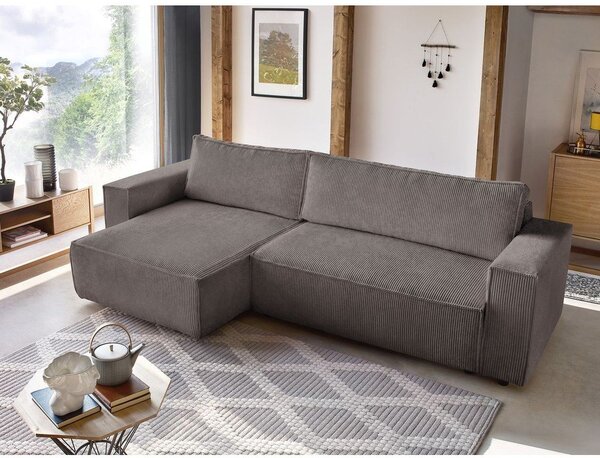 Divano angolare grigio tortora allungabile/con contenitore con rivestimento in velluto a coste Nihad – Bobochic Paris