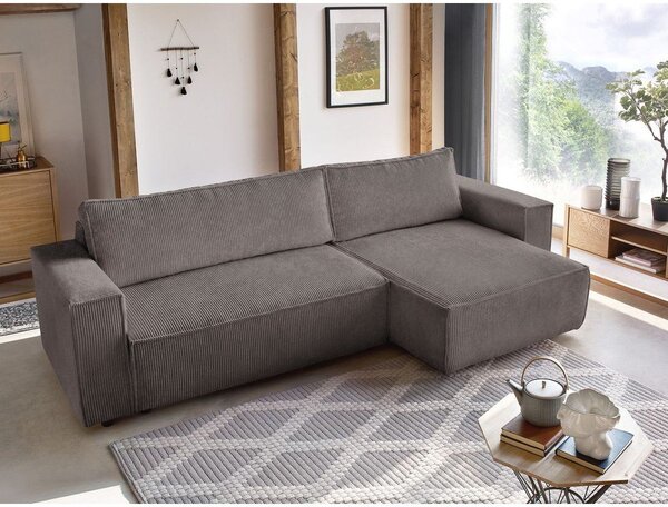Divano angolare grigio tortora allungabile/con contenitore con rivestimento in velluto a coste Nihad – Bobochic Paris