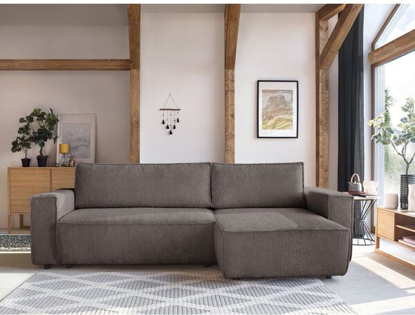 Divano angolare grigio tortora allungabile/con contenitore con rivestimento in velluto a coste Nihad – Bobochic Paris