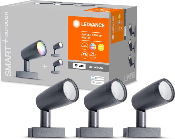 LEDVANCE Luce da giardino LED intelligente con tecnologia WiFi, pacchetto base con 3 faretti per esterni, colori RGB modificabili, compatibile con Google e Alexa Voice Control, SMART+ WIFI GARDEN SPOT 3P