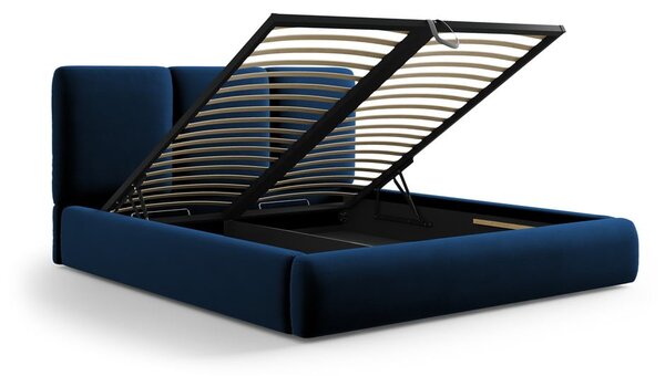 Letto matrimoniale imbottito in blu scuro in velluto con contenitore con rete inclusa 200x200 cm Brody – Mazzini Beds