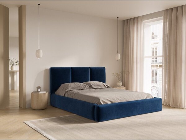 Letto matrimoniale imbottito in blu scuro in velluto con contenitore con rete inclusa 200x200 cm Brody – Mazzini Beds