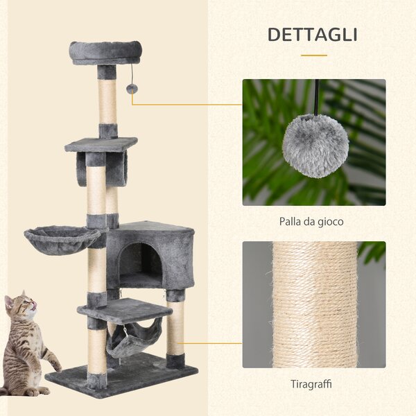 PawHut Albero tiragraffo per Gatti Torre Condominiale Multiripiano Altezza 150cm Stand con Giocattoli |Aosom