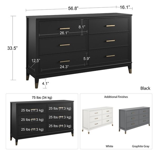 Cassettiera nera , 144 x 85 cm Westerleigh - CosmoLiving by Cosmopolitan