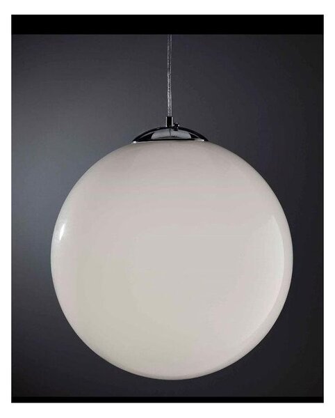 SFERA GRANDE SOSPENSIONE IN VETRO BIANCO DIAMETRO 40 CM LUCIDO MONTATURA CROMO