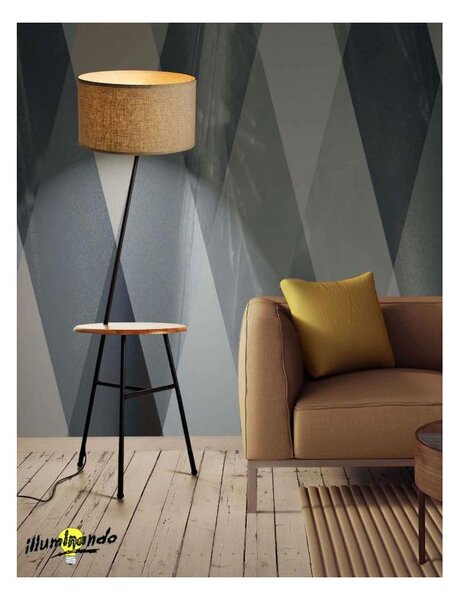 COMODA LAMPADA DA TERRA CON TAVOLINO INCORPORATO VINTAGE CON PARALUME TESSUTO