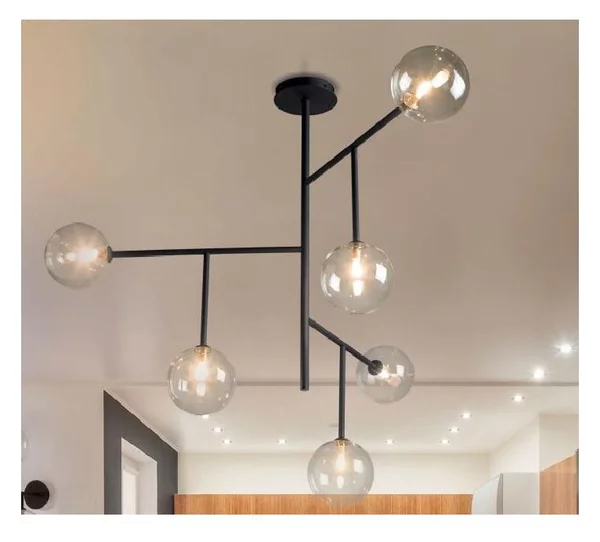 BOLLE 6 PLAFONIERA 6 LUCI MODERNA IN METALLO NERO O ORO OPACO CON SFERE IN VETRO