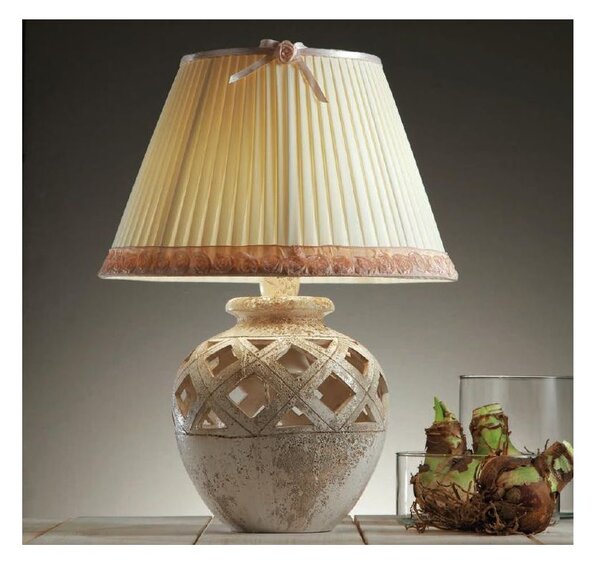 LAMPADA DA TAVOLO IN TERRACOTTA INTAGLIATA DECORATA A MANO CON PARALUME PRODOTTA IN ITALIA