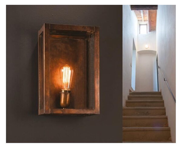 APPLIQUE A LANTERNA RUSTICA IN OTTONE INVECCHIATO CON VETRO MADE IN ITALY DELLA IMAS