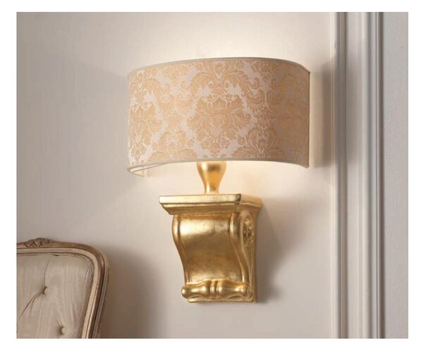 LAMPADA DA PARETE CON BASE CAPITELLO IN TERRACOTTA FOGLIA ORO CON VENTOLA DAMASCO MADE IN ITALY