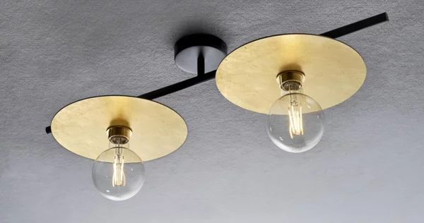 PUB PLAFONIERA 2 LUCI MODERNA METALLO NERO PIATTI D25 CM FOGLIA ORO O ARGENTO MADE IN ITALY