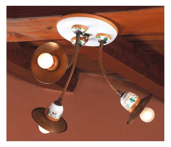 PLAFONIERA RUSTICA 3 LUCI IN CERAMICA DECORATA CON BRACCI FLESSIBILI MADE IN ITALY