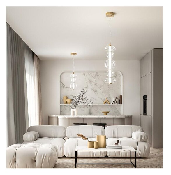 8163 BUBBLES SOSPENSIONE ORO CON VETRI TRASPARENTI LED 38W LUCE 3000K MONTAGGIO VERTICALE O ORIZZONTALE
