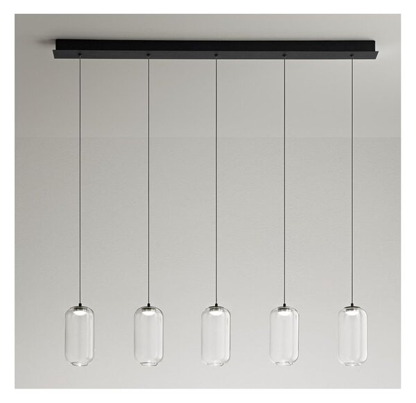 8160 HUNTER SOSPENSIONE LINEARE NERA LED 25W LUCE 3000K CON 5 LUCI DIFFUSORI IN VETRO TRASPARENTE MODERNA