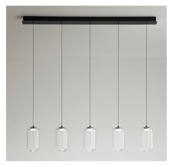 8160 HUNTER SOSPENSIONE LINEARE NERA LED 25W LUCE 3000K CON 5 LUCI DIFFUSORI IN VETRO TRASPARENTE MODERNA