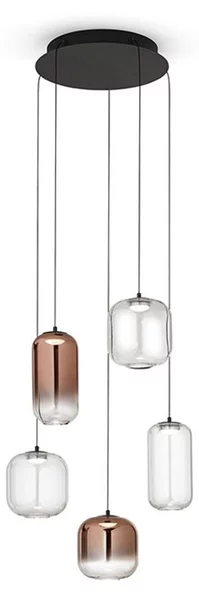 8158 HUNTER SOSPENSIONE CON DECENTRO LED 25W LUCE 3000K CON 5 LUCI IN VETRO TRASPARENTE E RAME SPECCHIATO MODERNO