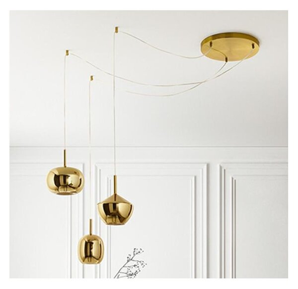 RAIN SOSPENSIONE 3 LUCI DECENTRATA IN OTTONE BRUNITO CON DIFFUSORI IN VETRO ORO SPECCHIATO MODERNA