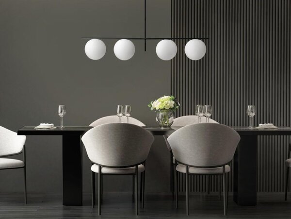 JUGEN SOSPENSIONE 4 LUCI CON VETRI A SFERA BIANCO LATTE MONTATURA IN 2 COLORI MODERNA LAMPADINE E27