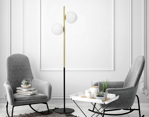 JUGEN PIANTANA 2 LUCI MODERNA ORO O NERA CON SFERE IN VETRO BIANCO LATTE MODERNA LAMPADINE E27