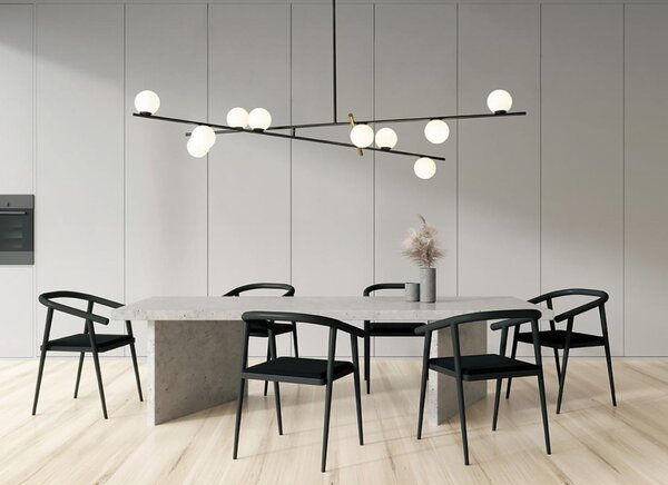 KIKA SOSPENSIONE MODERNA 10 LUCI IN METALLO NERO CON SFERE BIANCO LATTE LARGHEZZA CM 148 LAMPADINE G9