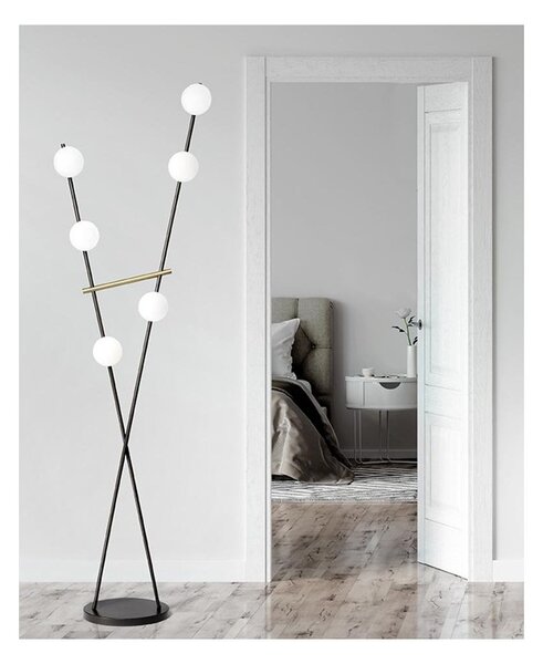 KIKA PIANTANA 6 LUCI H180 CM IN METALLO NERO CON SFERE BIANCO LATTE DIMMERABILE LAMPADINE ATTACCO G9