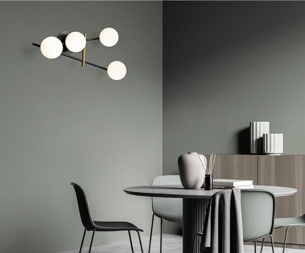 KIKA APPLIQUE MODERNA 4 LUCI IN METALLO NERO CON SFERE BIANCO LATTE LAMPADINE ATTACCO G9