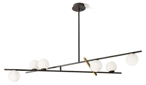 KIKA SOSPENSIONE MODERNA 6 LUCI IN METALLO NERO CON SFERE BIANCO LATTE LARGHEZZA CM 105 LAMPADINE G9