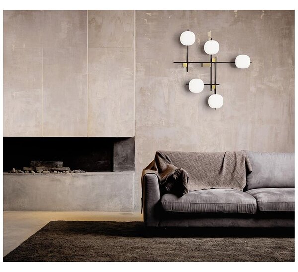 LINGOTTO PLAFONIERA APPLIQUE A 5 LUCI METALLO NERO - ORO CON DIFFUSORI IN VETRO LAMPADINE ATTACCO G9